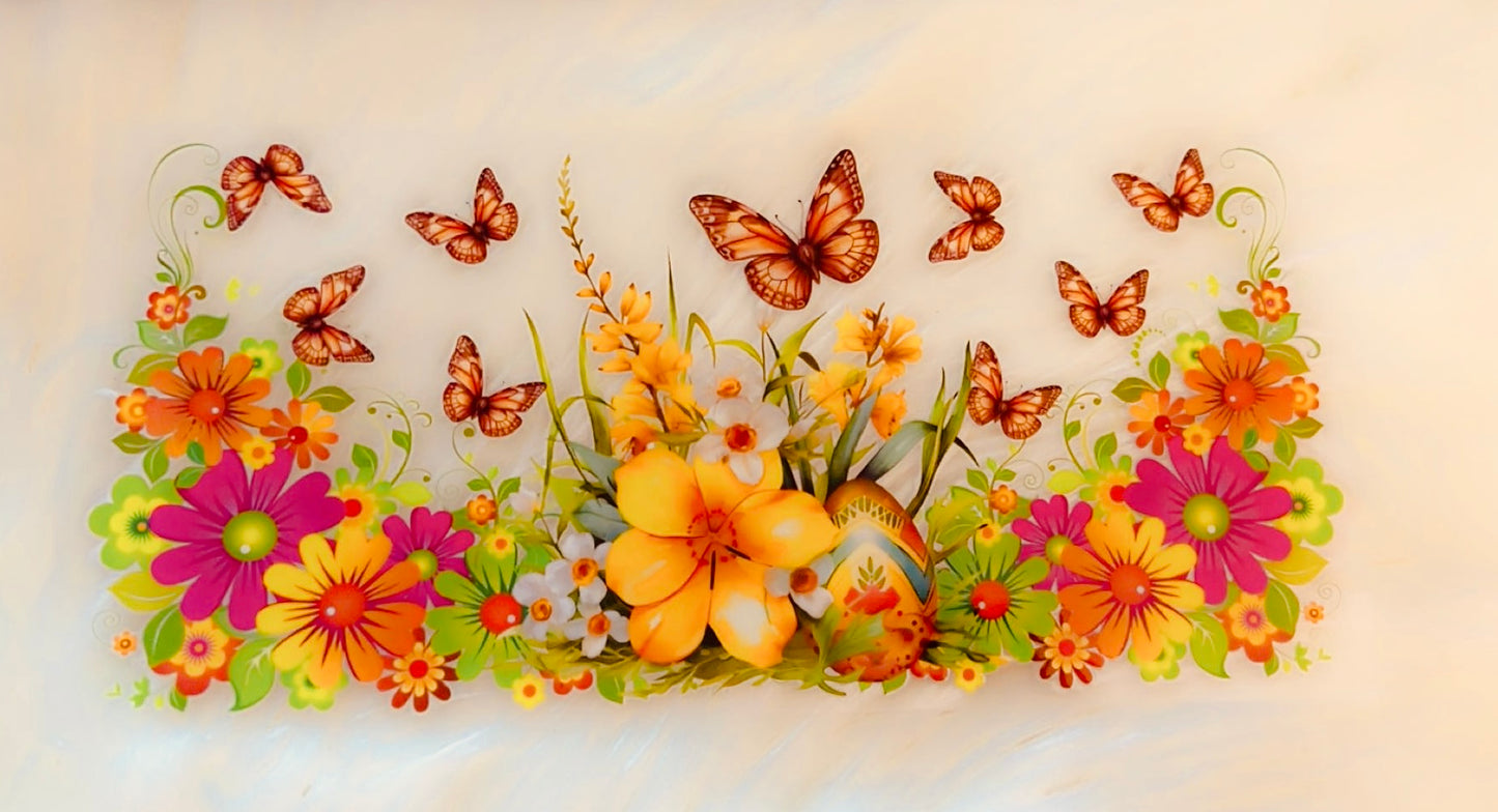 Pink and yellow flowers with butterflies