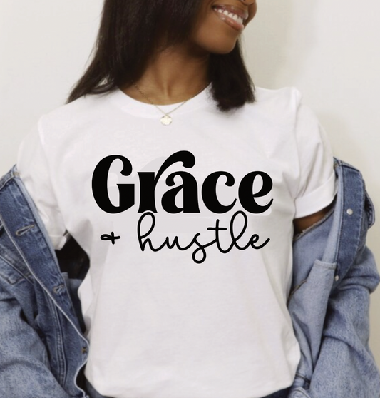 Grace and hustle screen print in blue