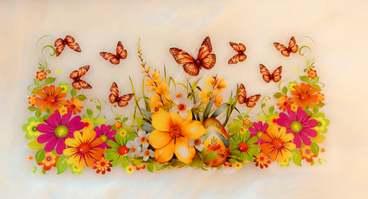 Pink and yellow flowers with butterflies