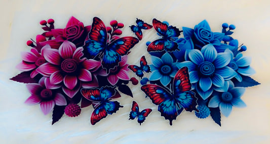 Pink and blue flowers and butterflies